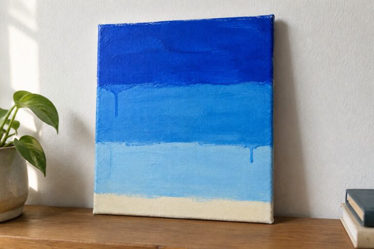 21 Vibrant Blue Abstract Acrylic Paintings Using Color-Field Techniques Abstract blue gradient painting with drips on canvas beside plant and books