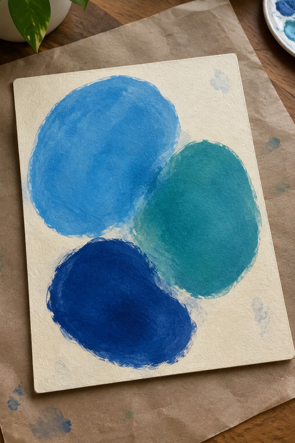 Three overlapping blue and teal watercolor circles on textured white paper