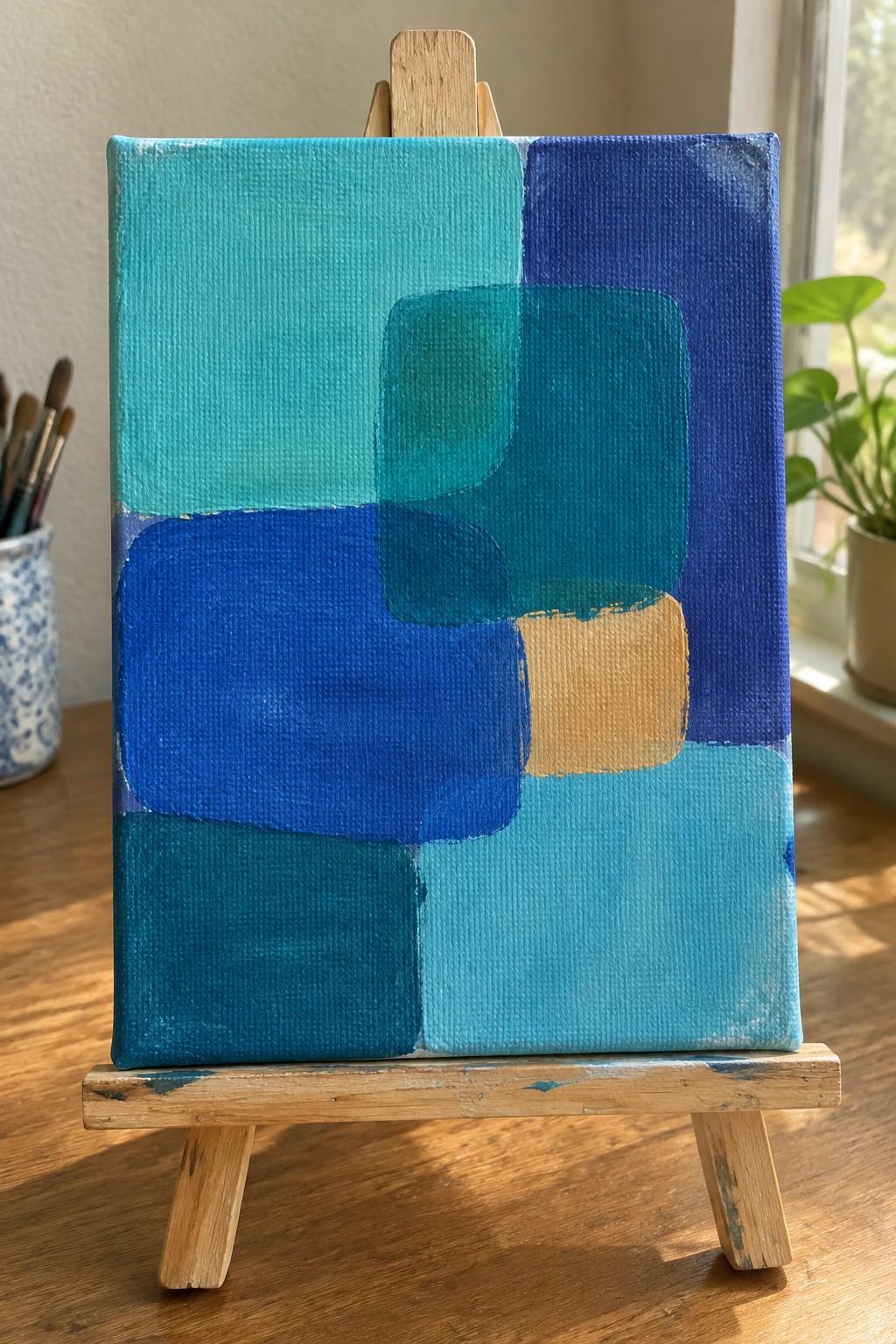 Abstract painting with overlapping blue teal and ochre shapes on wooden easel