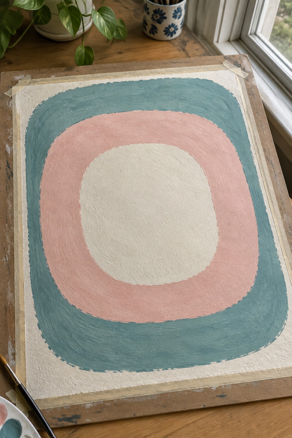 Abstract painting of teal, pink, and cream concentric rounded shapes on paper by window.