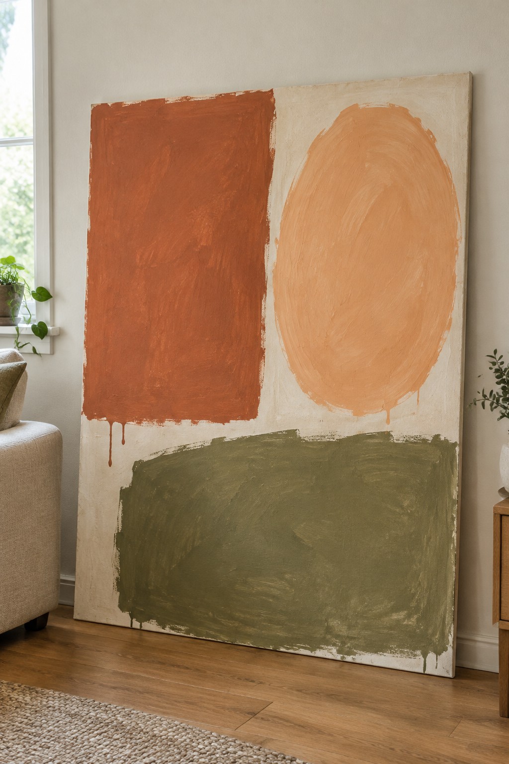 Abstract painting with dripping orange block, peach oval, and green form on wall