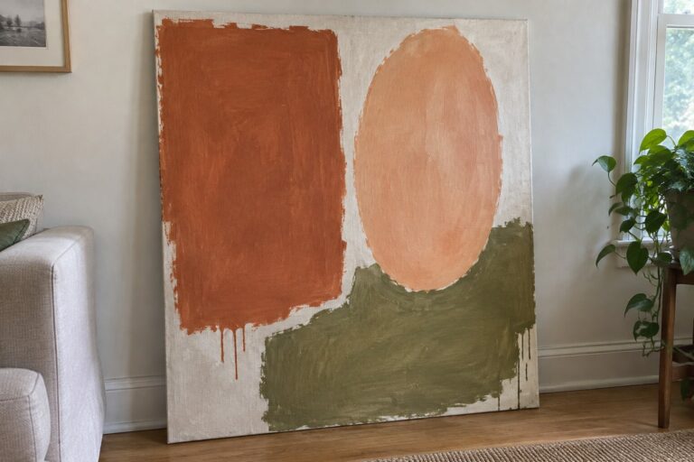 Abstract painting with dripping orange block, peach oval, and green form on wall