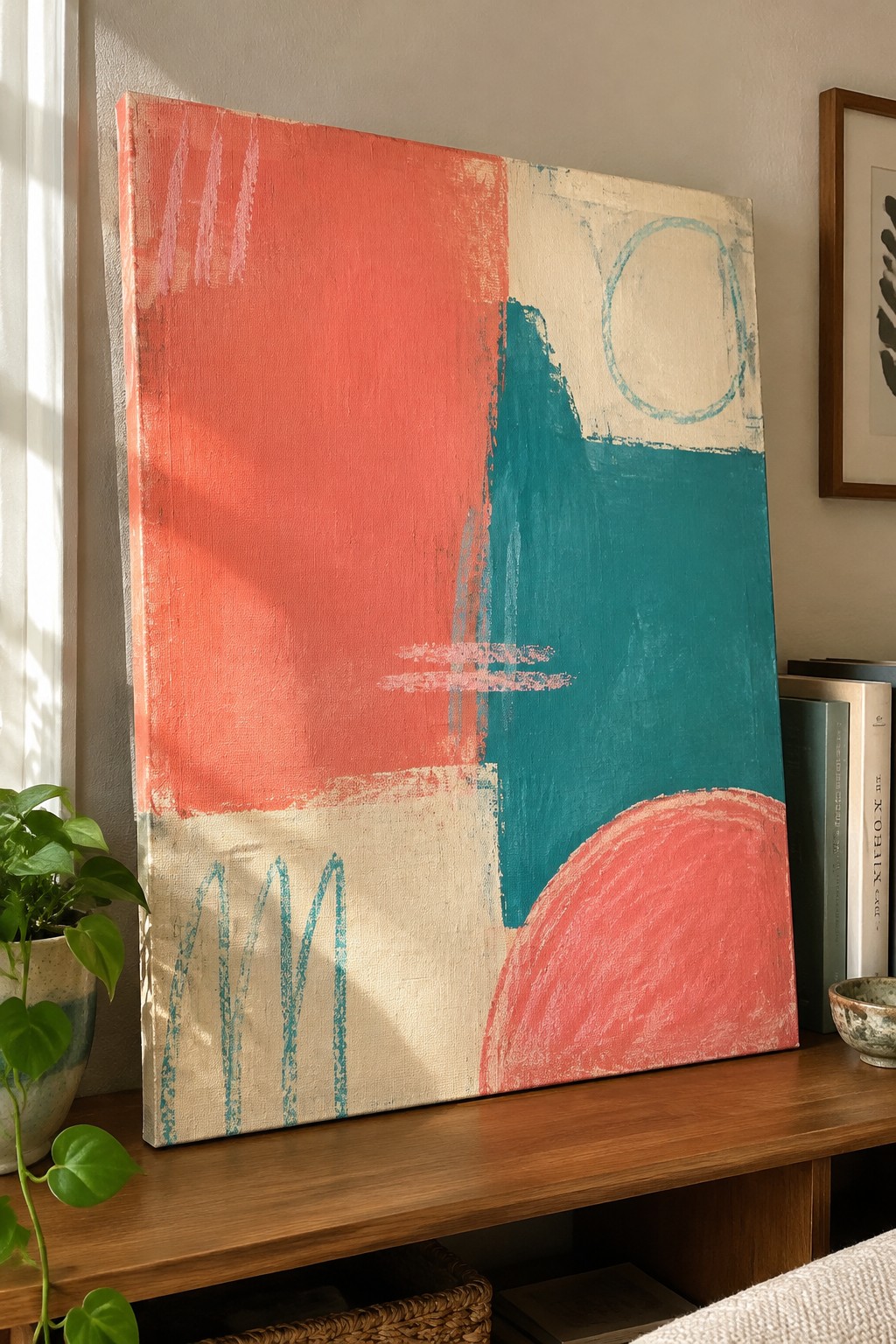 Abstract painting with coral, teal, and cream shapes on wooden shelf beside plant