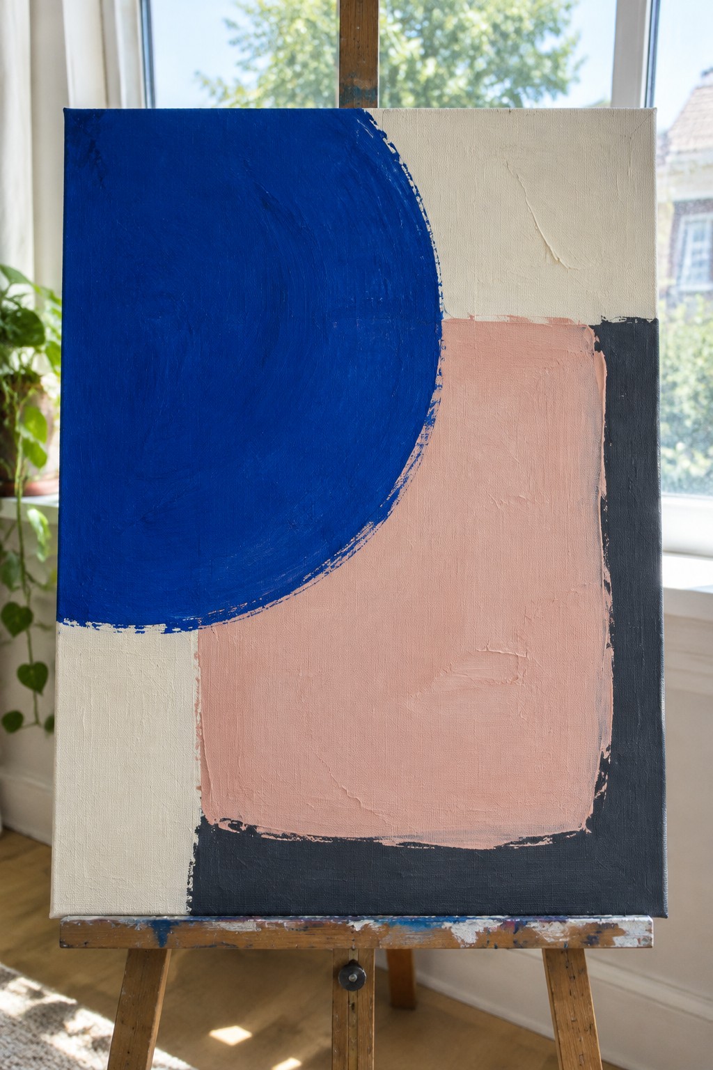Abstract painting on easel with blue circle, pink rectangle, beige and black shapes.