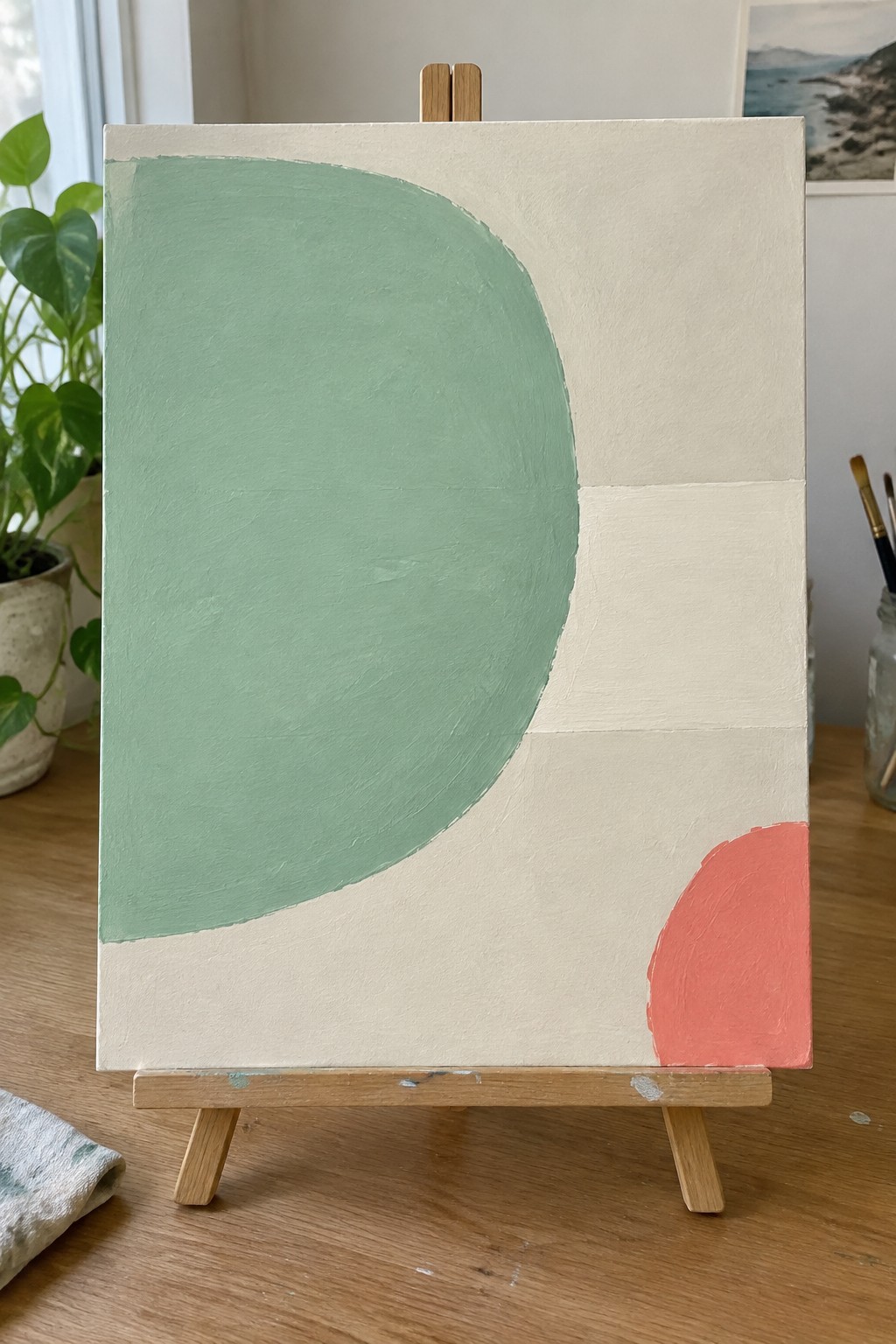 Abstract painting on wooden easel with large green semicircle and small red arc
