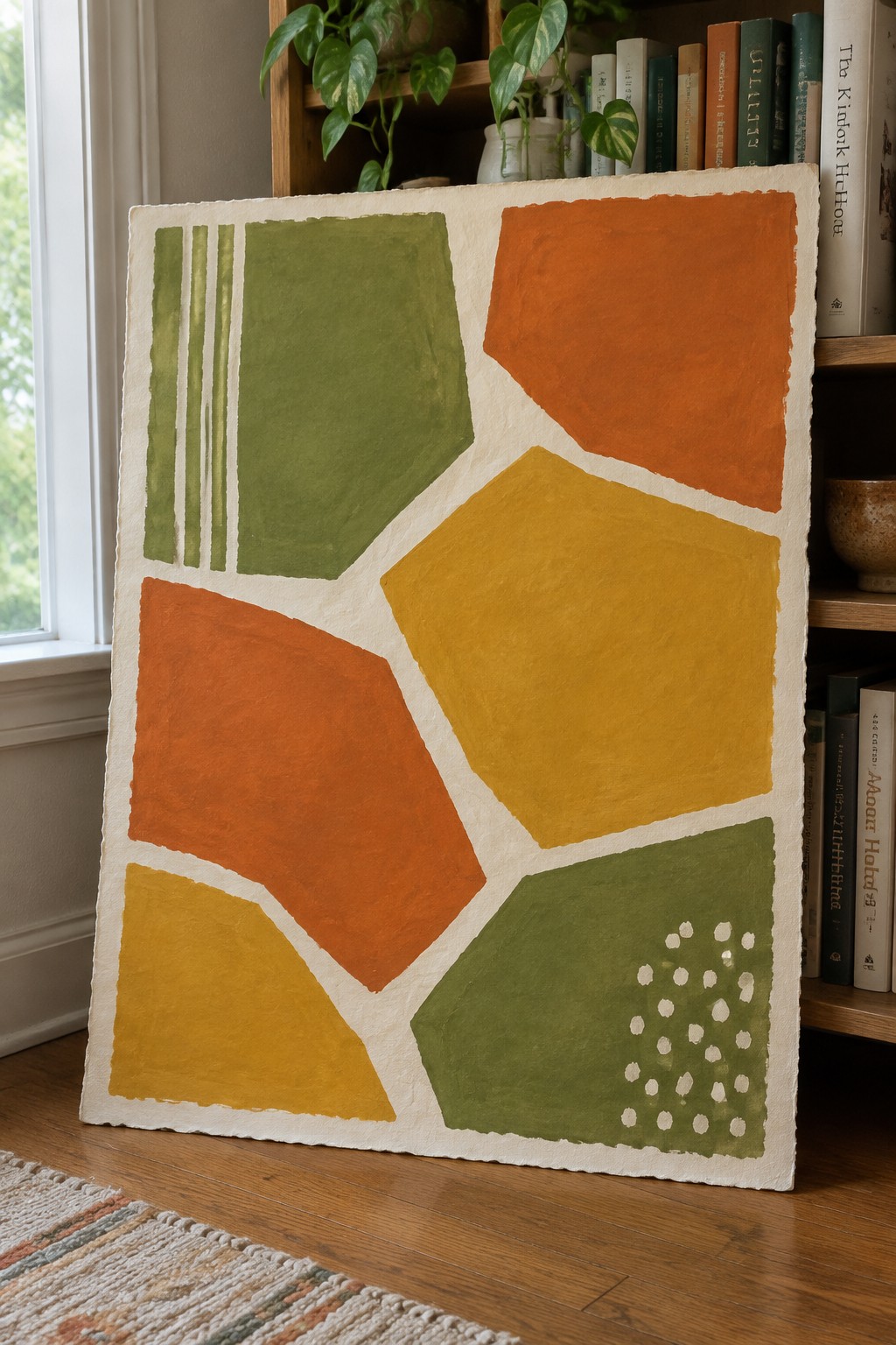Abstract painting with green, orange, yellow shapes and white dots near bookshelf