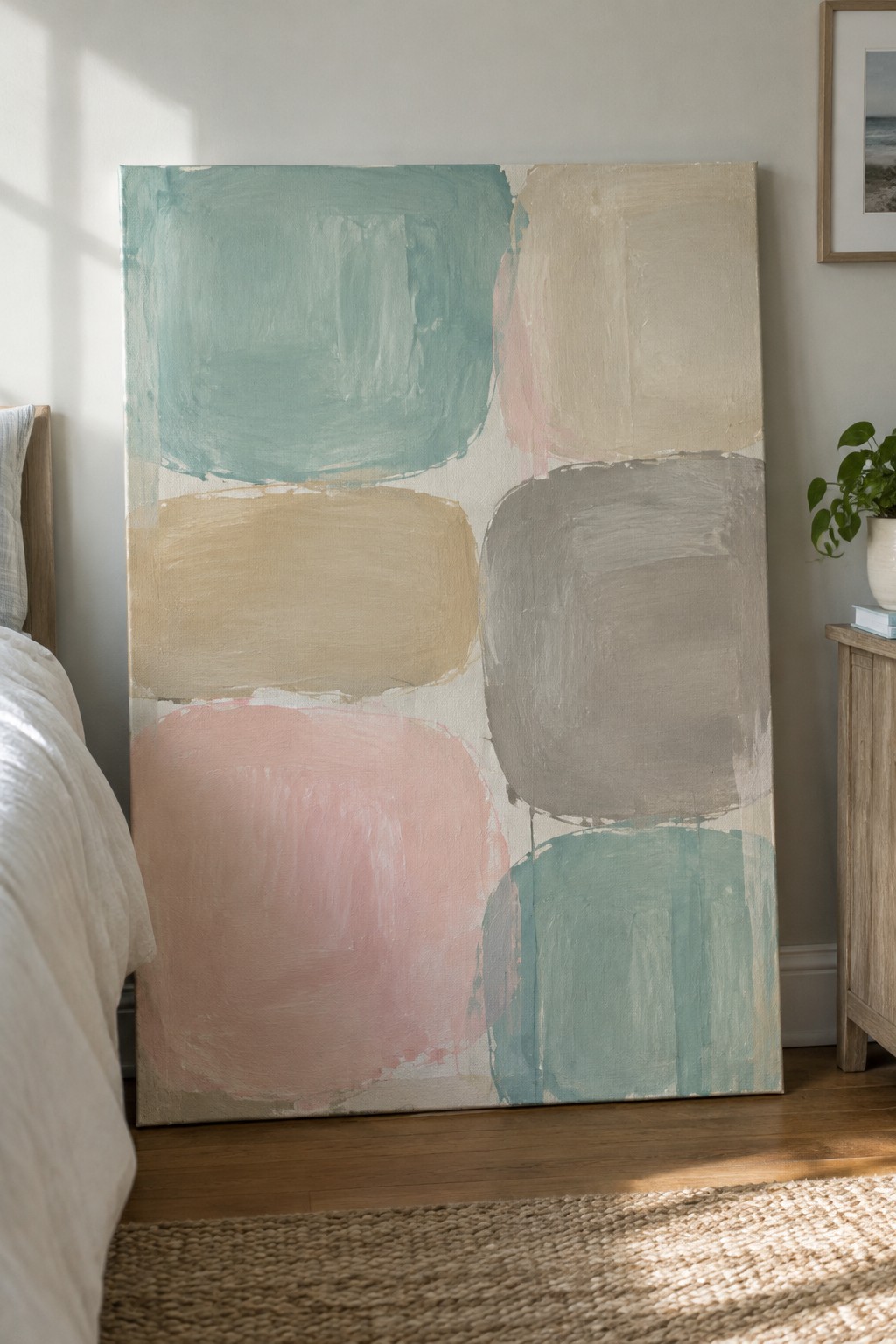 Abstract painting with soft teal, pink, beige, and gray shapes in bedroom