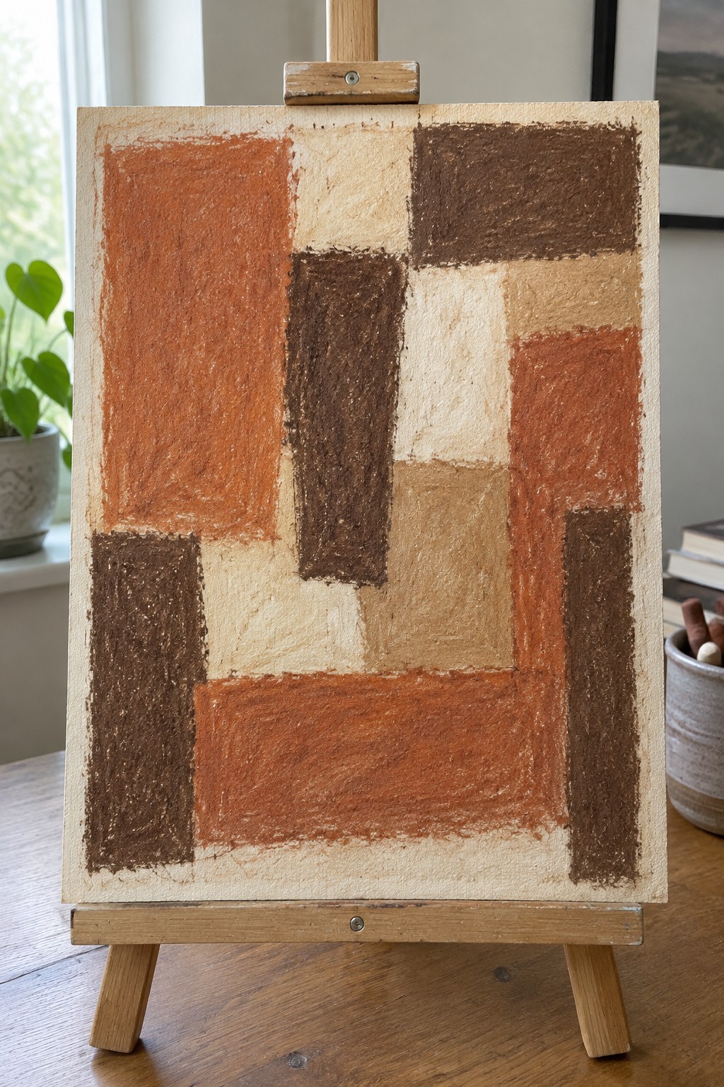An abstract painting on a wooden easel shows irregular rectangles in terracotta, brown, and beige with textured brushstrokes.