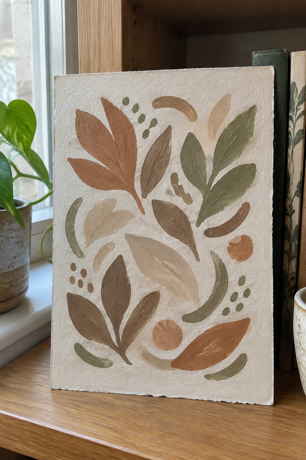 Abstract botanical artwork with stylized leaves and dots in earthy tones