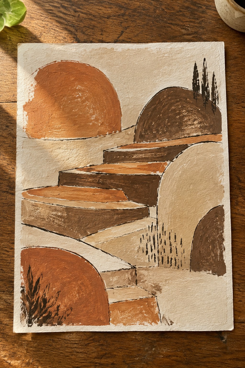 Abstract painting of terraced hills, orange sun, brown domes, and black trees in earth tones