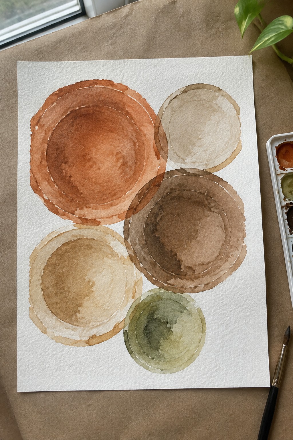 Overlapping watercolor circles in earthy browns, oranges, and greens beside palette and brush.