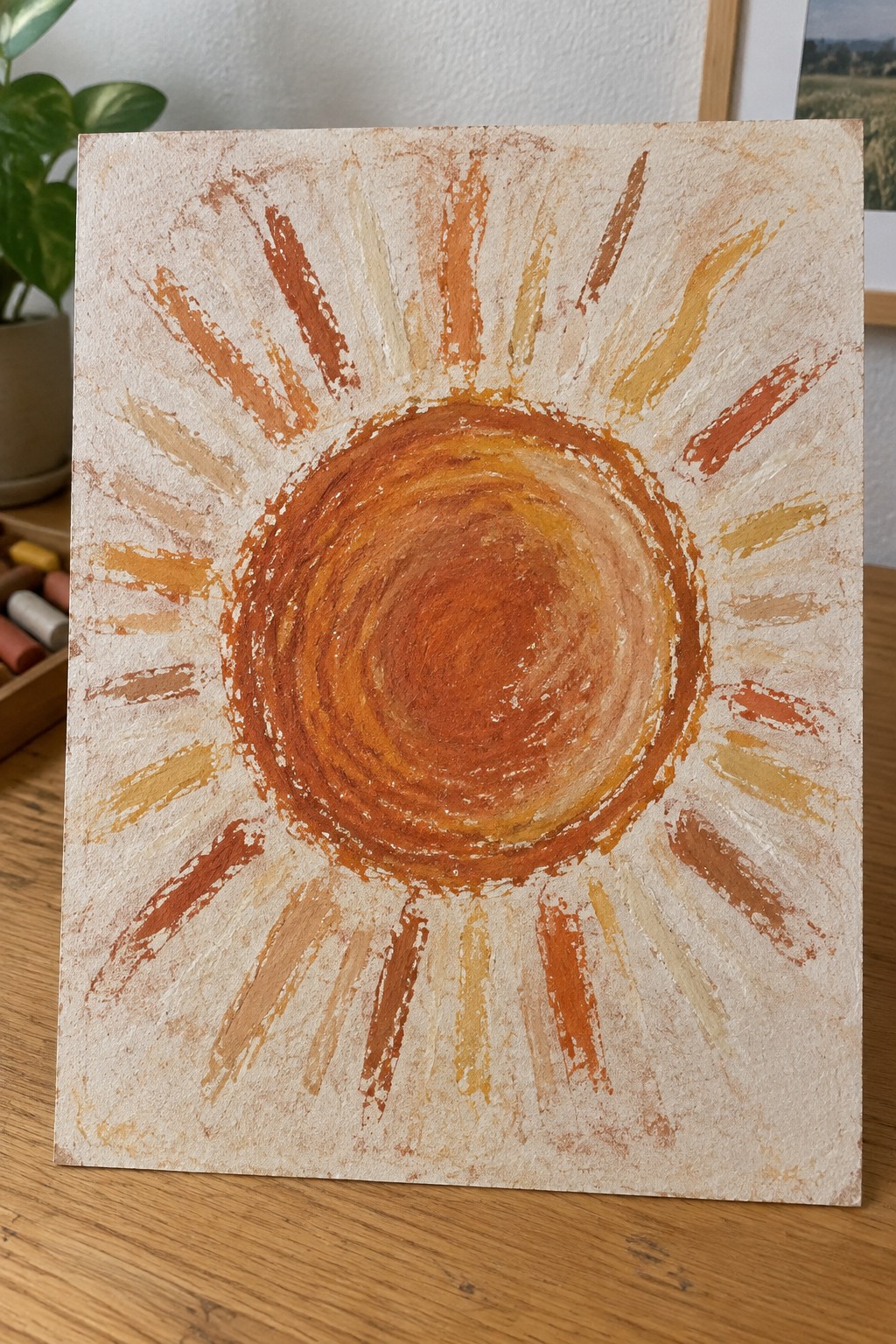Circular sun with swirling orange center and radiating brown yellow rays