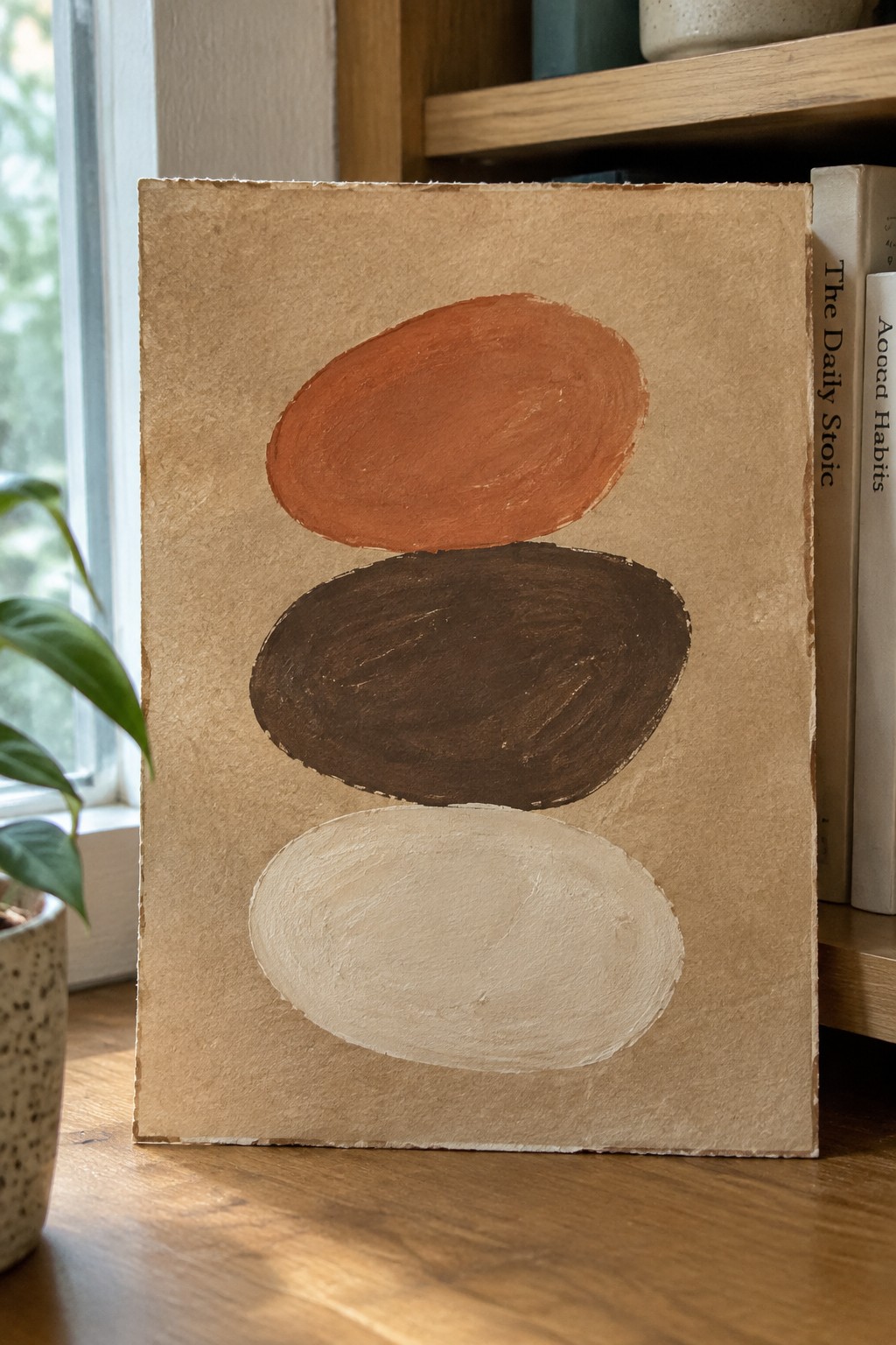 Three stacked ovals in orange, brown, and beige on textured brown paper