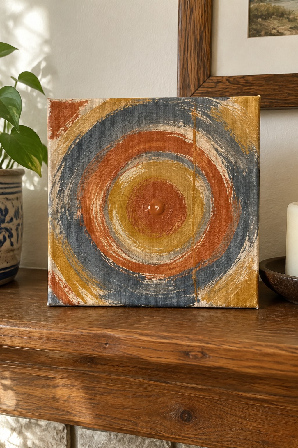 Abstract painting with swirling orange, yellow, and blue circles on wooden table beside plant and candle