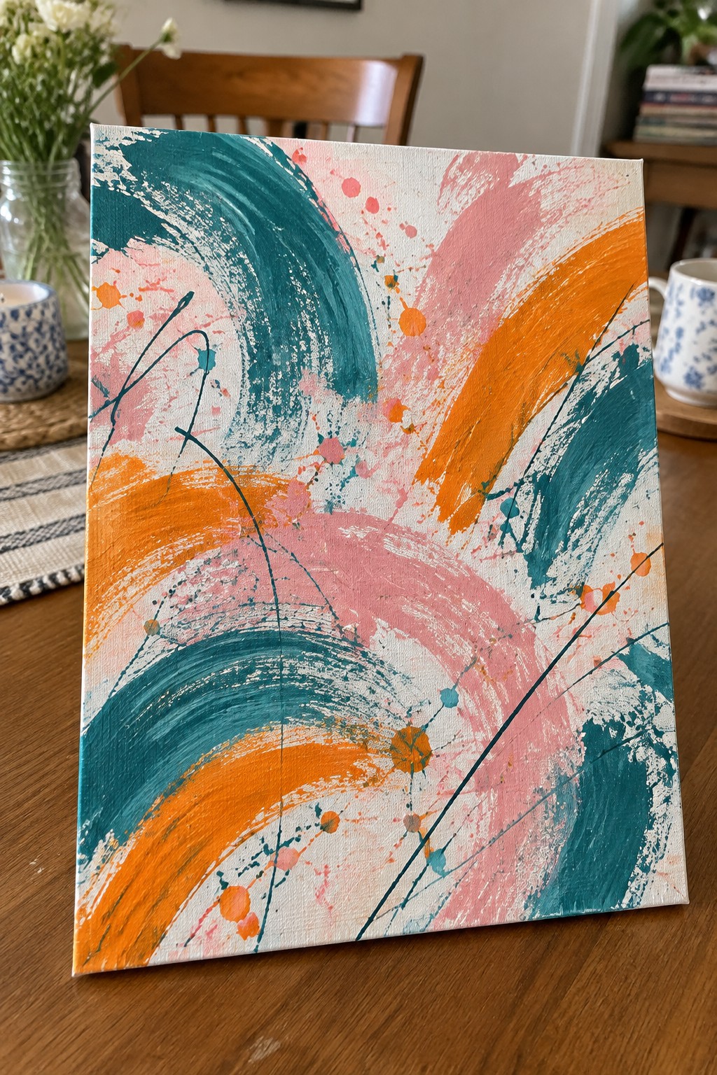 Abstract painting with bold teal, pink, and orange brushstrokes on white canvas atop wooden table