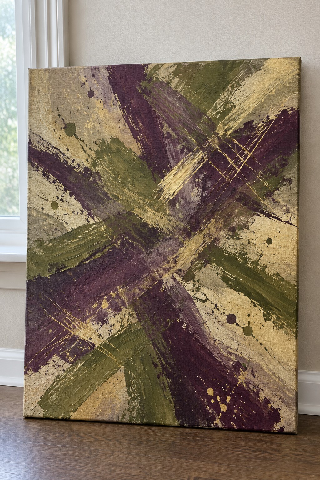 Abstract canvas with bold purple, green, and gold brushstrokes and splatters