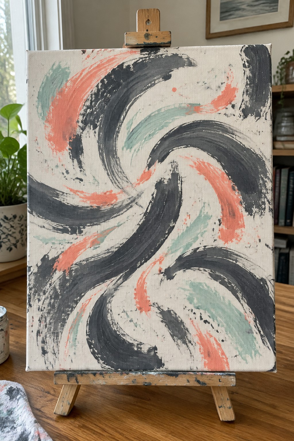 Abstract painting with swirling black, coral, and teal brushstrokes on white canvas atop wooden easel.