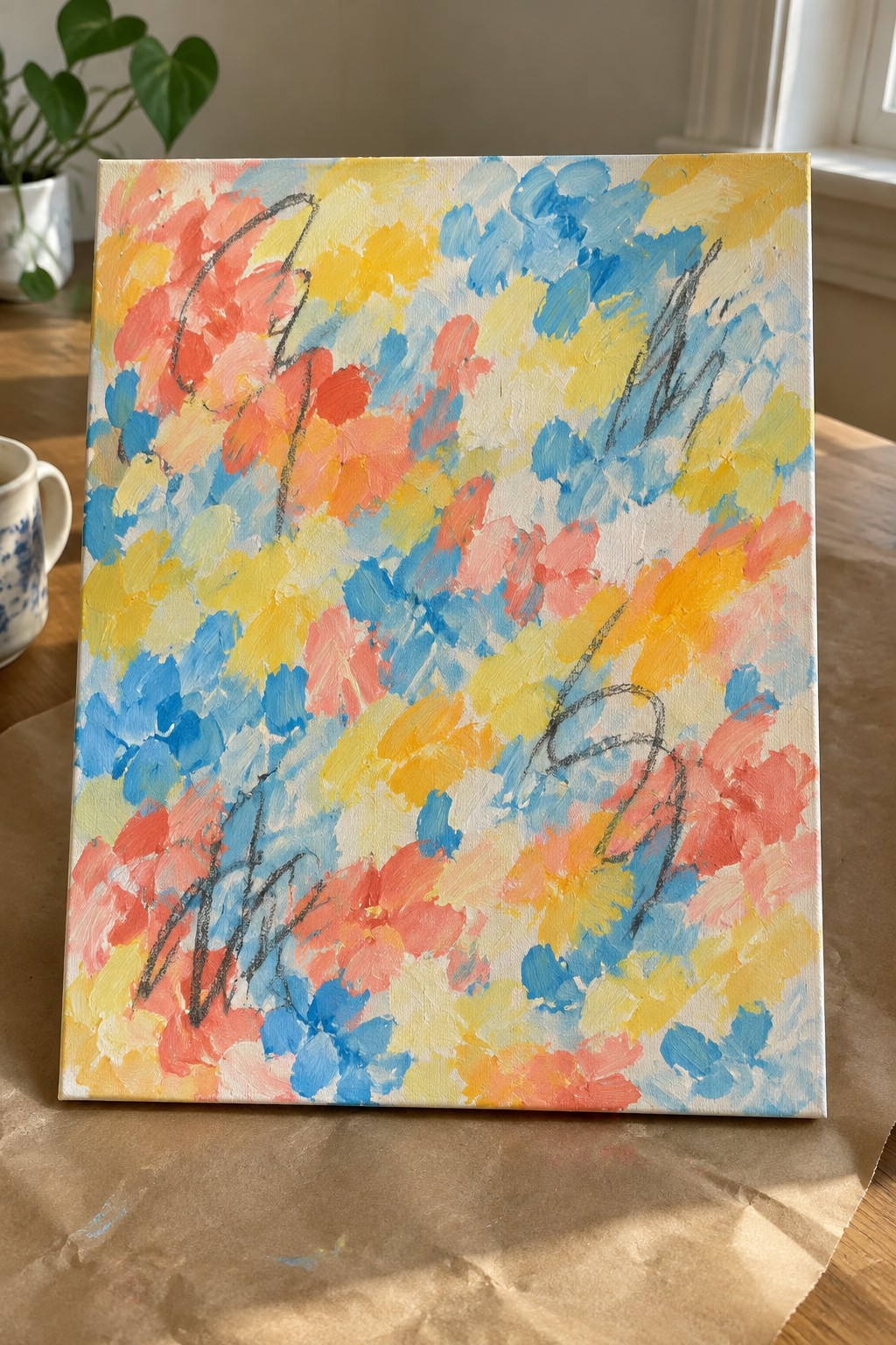 Vibrant abstract painting with thick yellow, blue, and red brushstrokes on canvas table