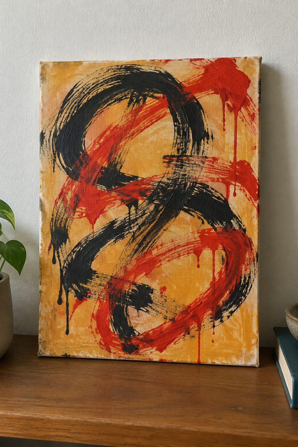 Abstract painting with bold red and black strokes on orange canvas beside plant