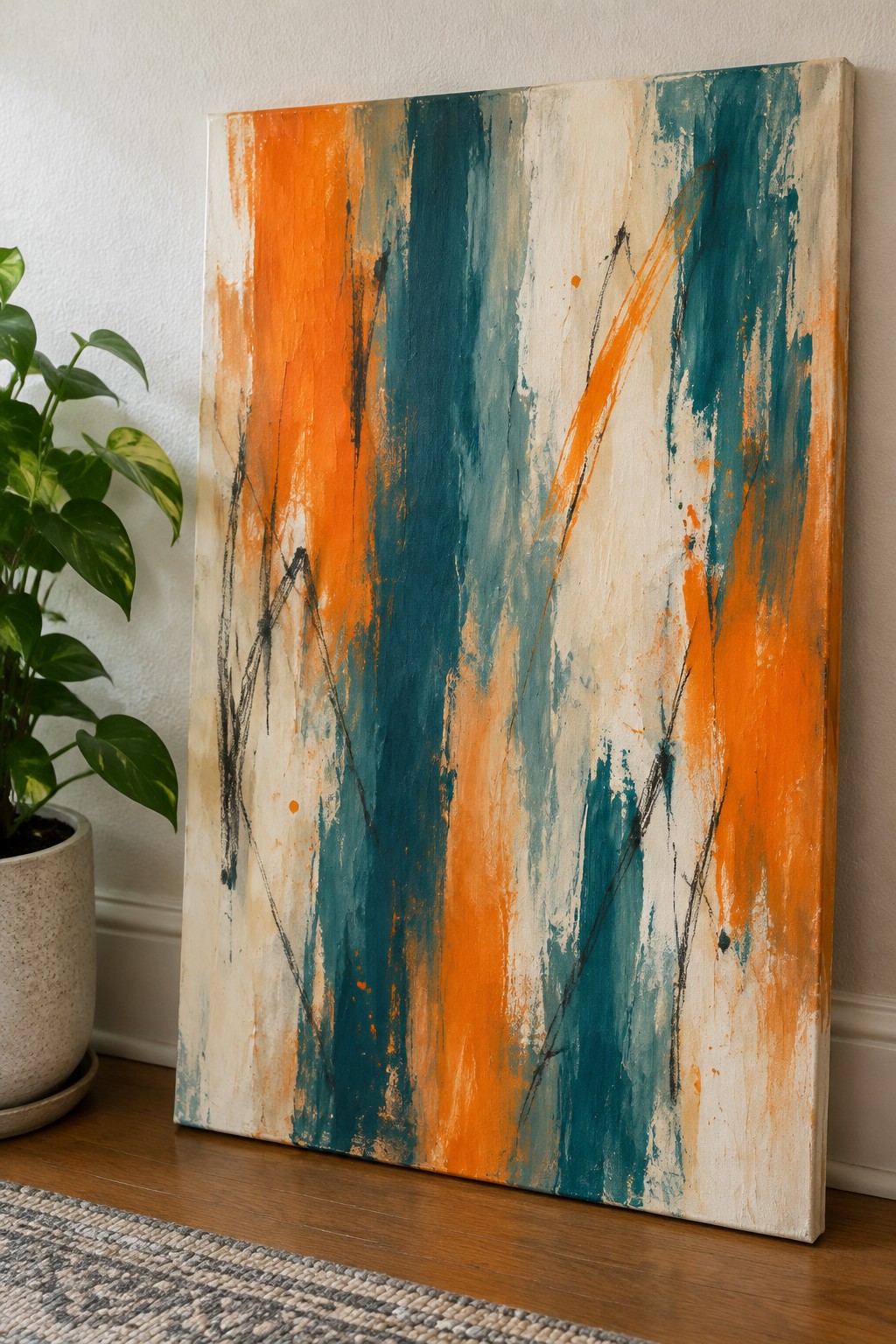 Abstract painting with orange and teal strokes beside potted plant on wooden floor