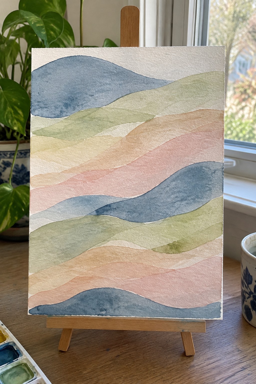 Wavy watercolor painting with layered blue green peach and pink hues on wooden easel