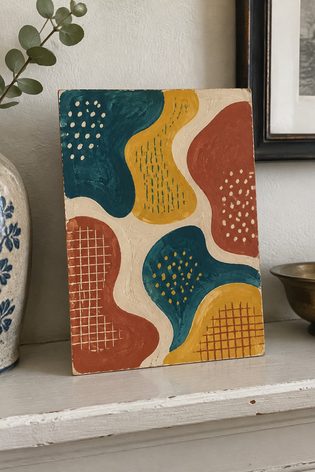 Abstract painting with teal, yellow, and orange wavy shapes on white shelf.