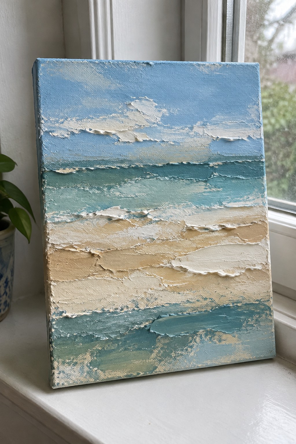 Textured abstract seascape in blues, teals, and beiges on white windowsill