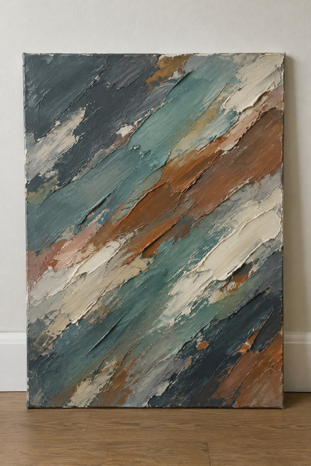 Thickly textured abstract painting with diagonal strokes in blue, teal, and brown.