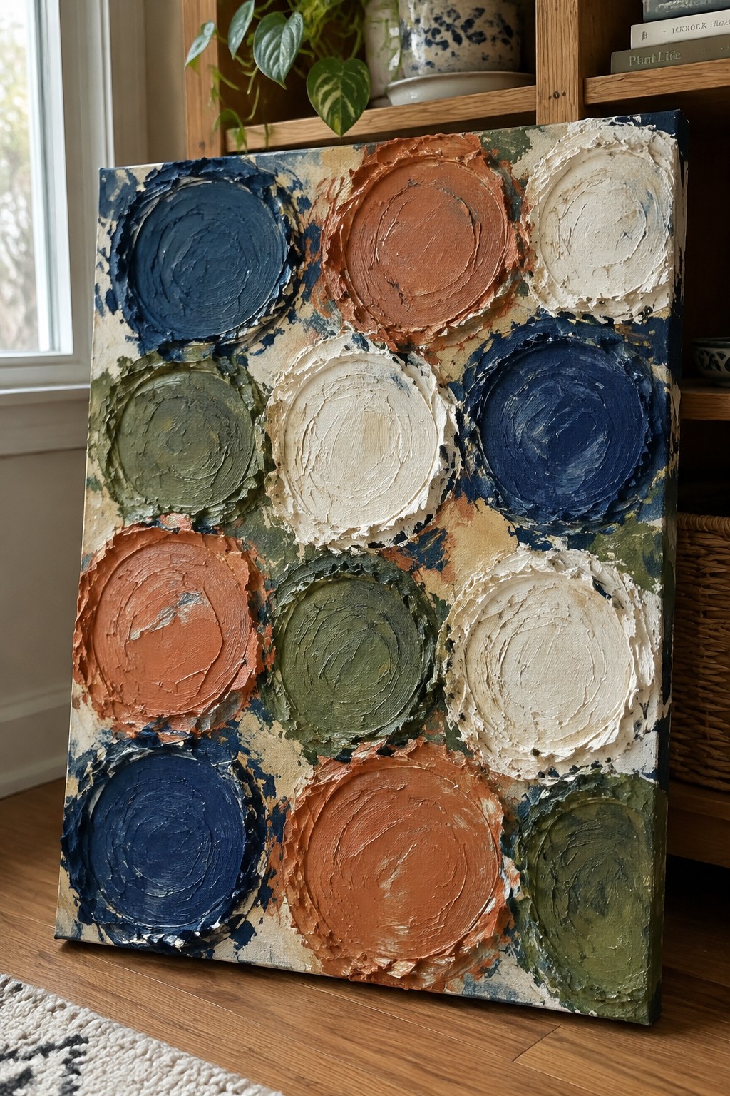 Abstract painting with thick textured circles in blue, orange, white, and green