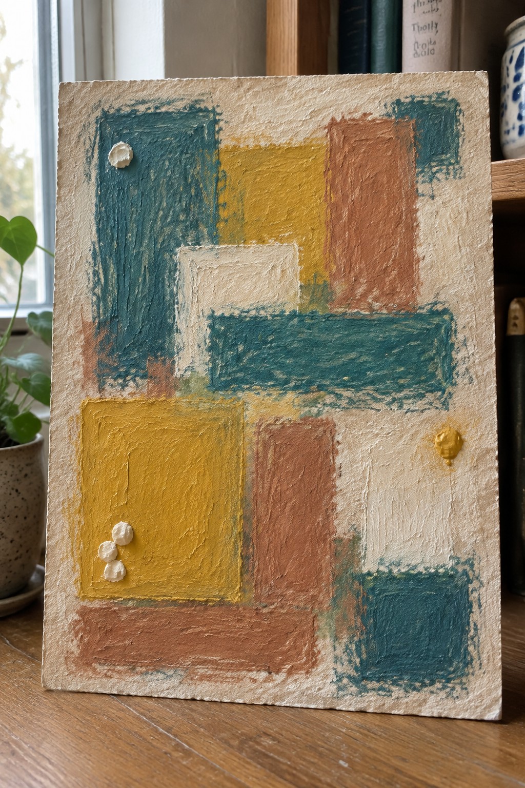 Abstract painting with teal yellow brown rectangles and raised paint dabs on wooden table near plant