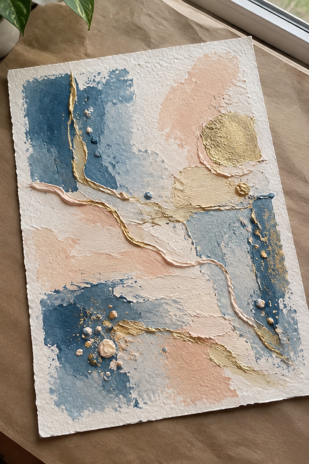 Abstract artwork with blue, peach washes, gold leaf lines, and raised textures on white.