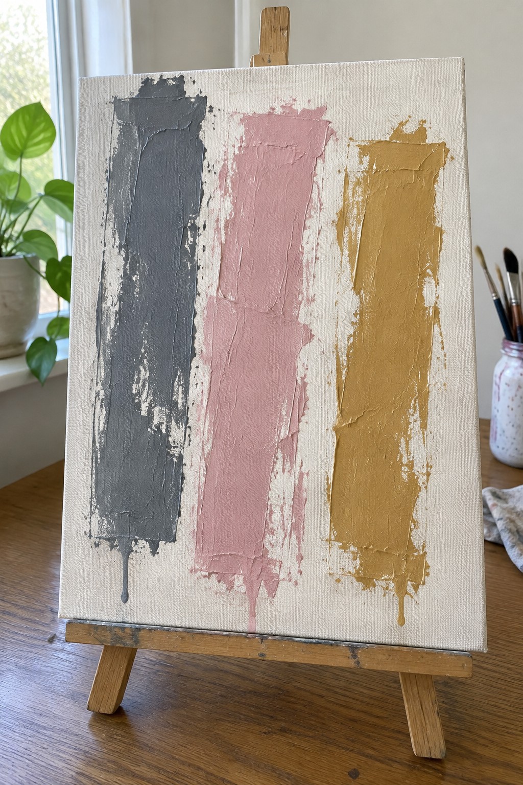 Abstract canvas on easel with thick gray, pink, and yellow vertical brushstrokes and drips
