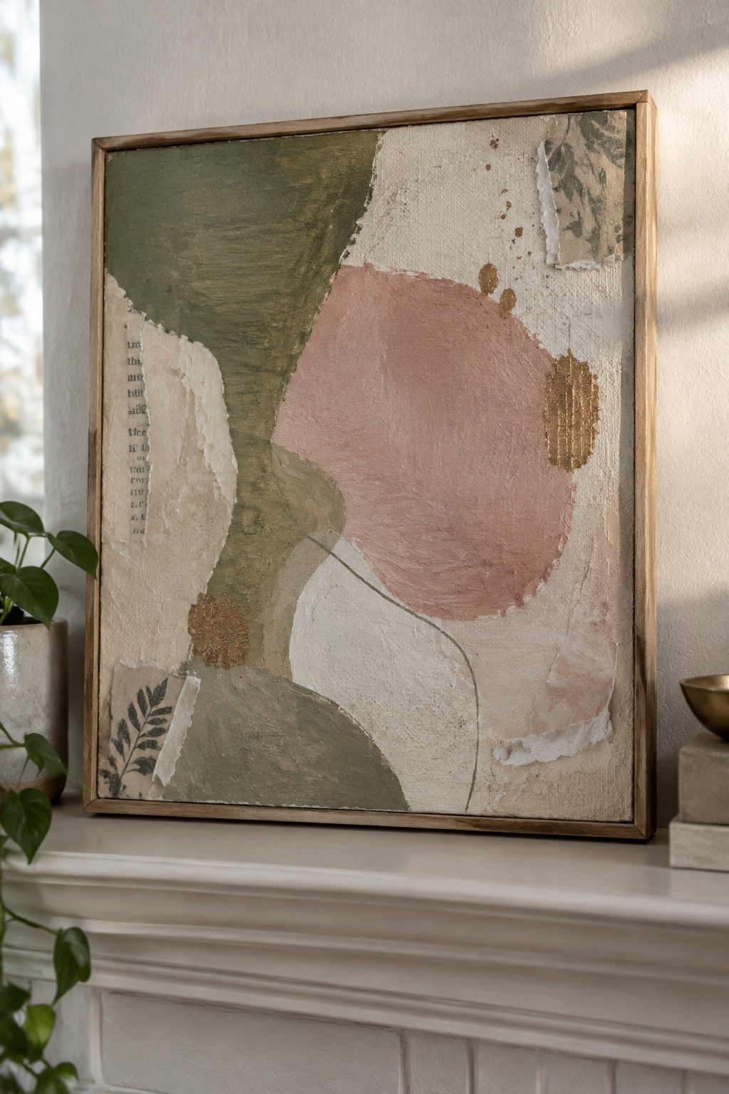 Abstract artwork in wood frame on mantel with potted plant and gold accents