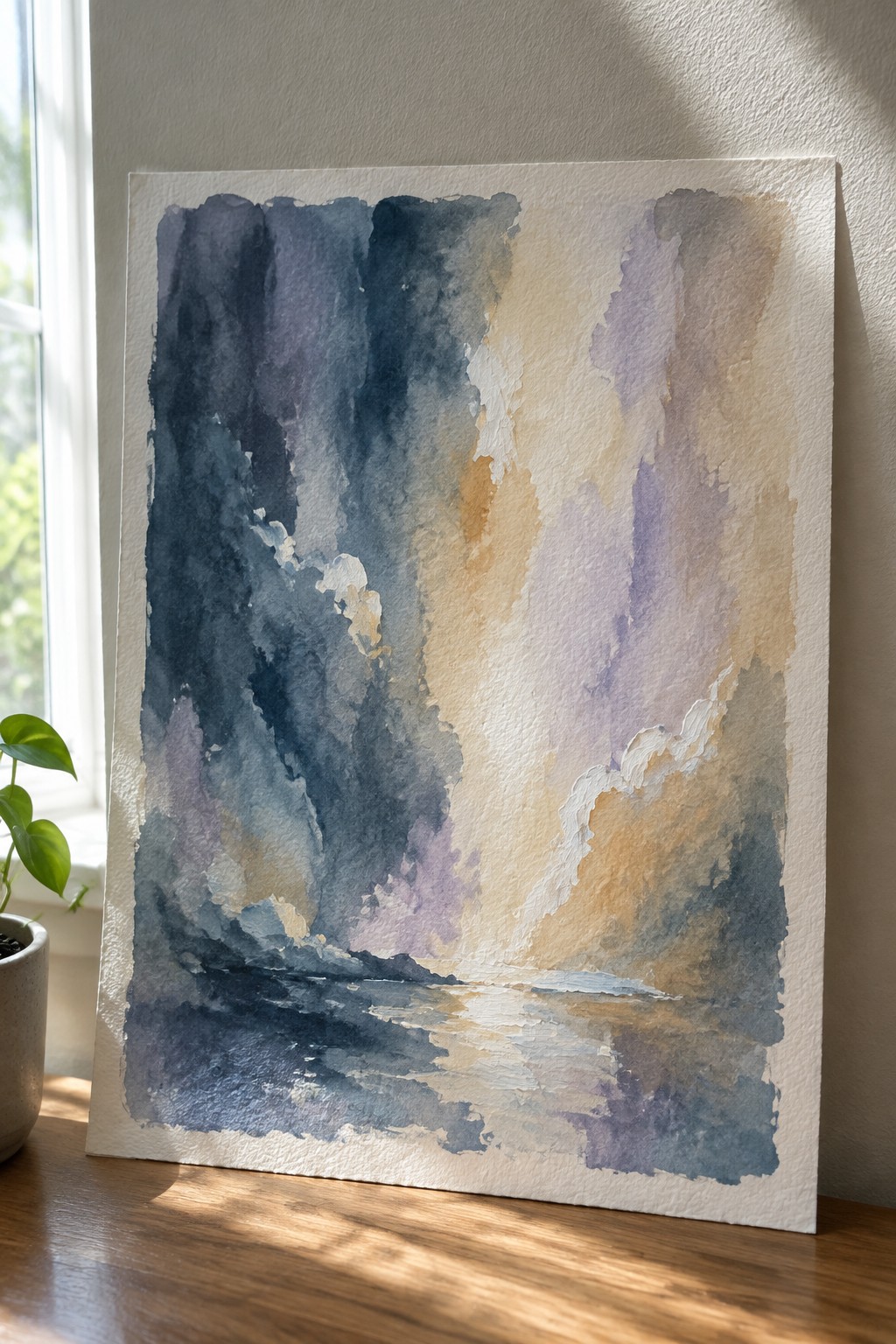 Watercolor seascape with stormy dark clouds and warm golden sunset reflections over water