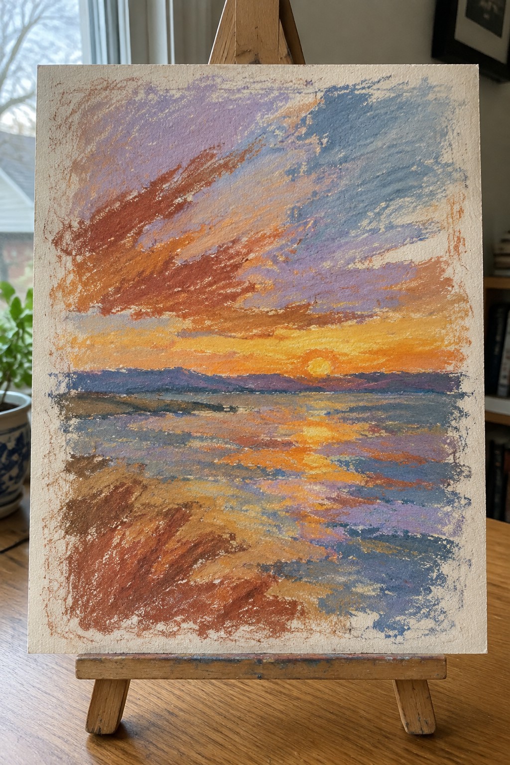 Colorful impressionist sunset painting with orange sky over water on wooden easel