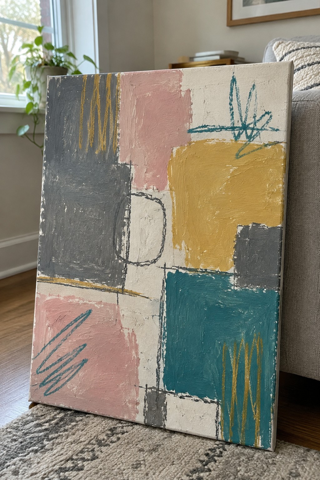 Abstract painting with pink, gray, yellow, teal blocks and scribbles on canvas by couch