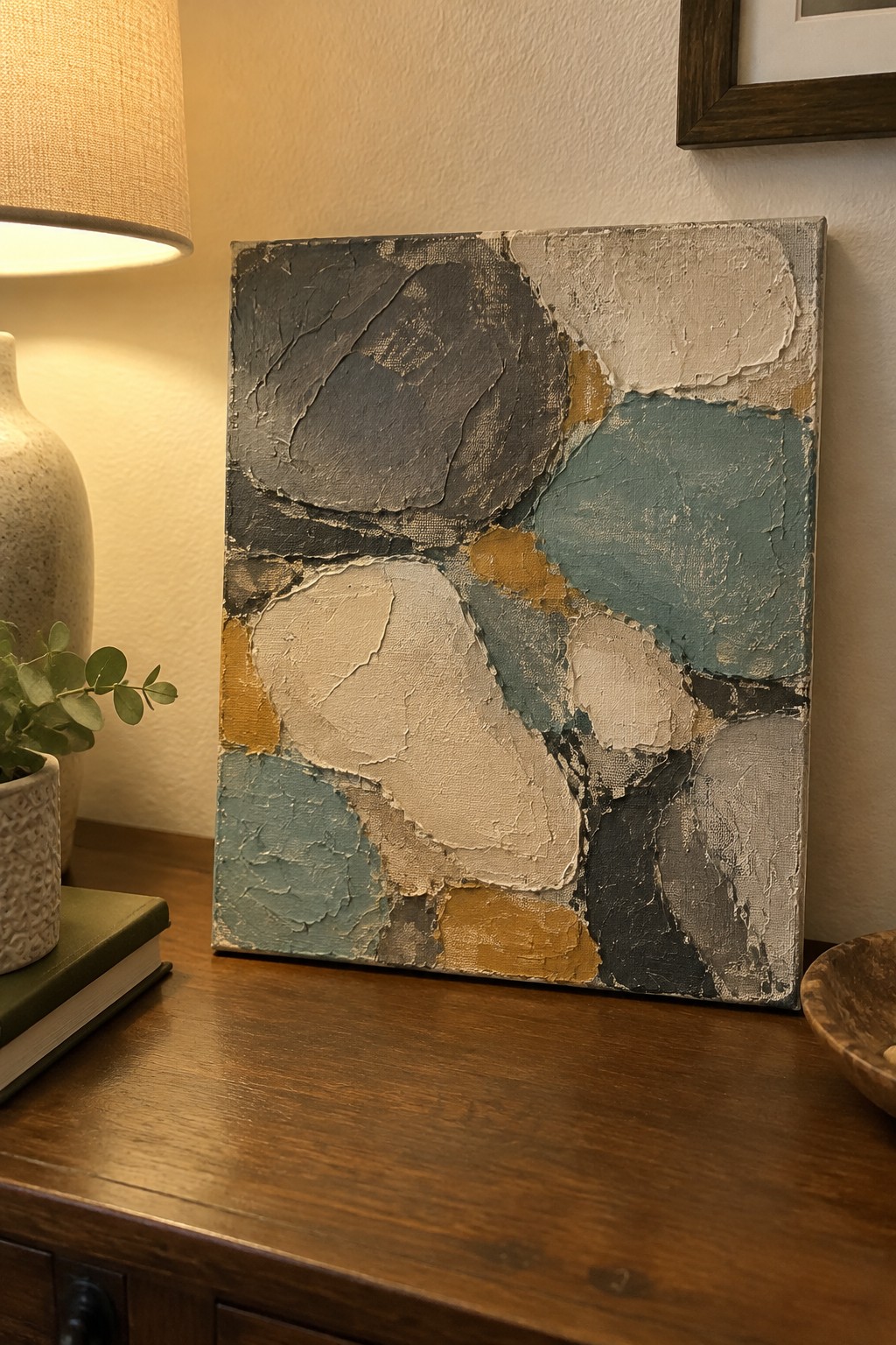 Textured abstract painting in gray, teal, beige, and gold on wooden table beside lamp