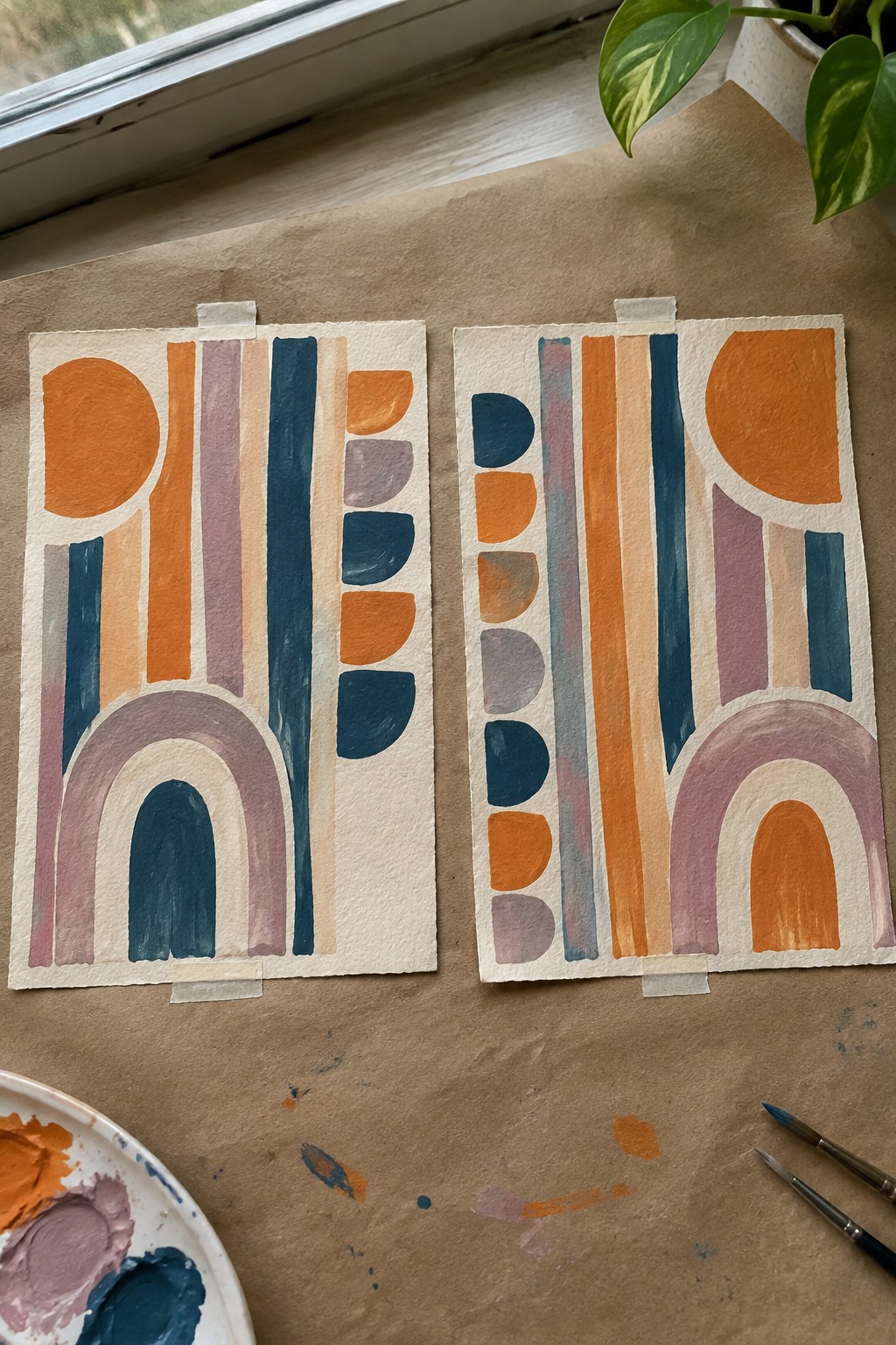 Two abstract paintings with arches, circles, and stripes in orange and teal beside paint palette and brushes.