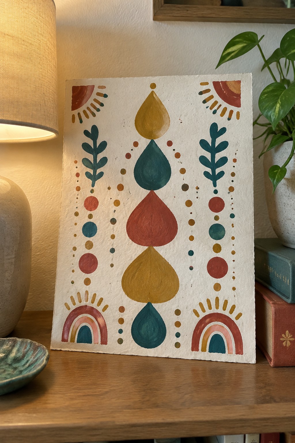 Colorful abstract watercolor with stacked teardrops, leaves, dots, and rainbows on wooden table