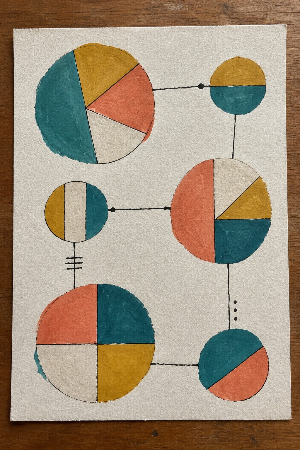 Abstract geometric painting of colorful segmented circles linked by black lines and dots.