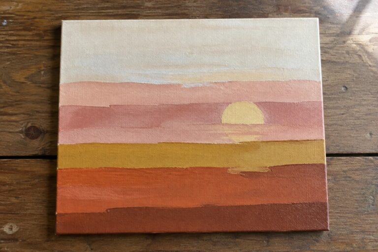23 Modern Abstract Landscape Paintings Featuring Layered Color Fields Horizontal striped sunset painting with yellow sun amid pink, orange, and brown bands on canvas.
