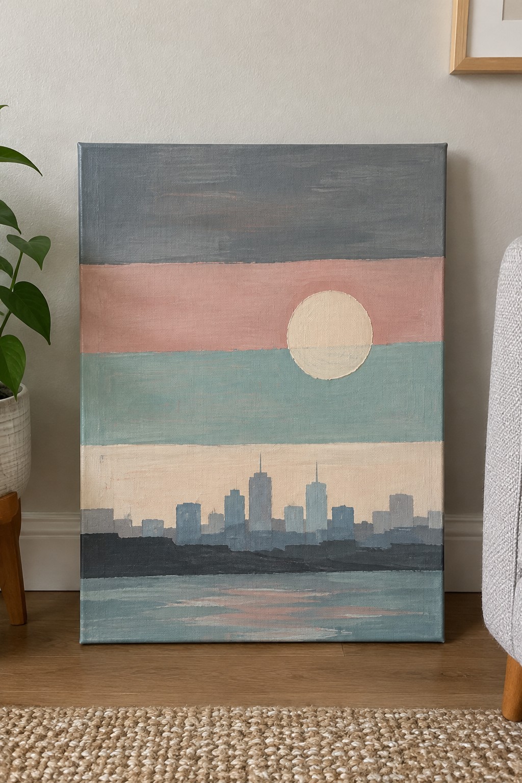 Abstract painting of city skyline with large sun and pastel horizontal color bands on canvas.