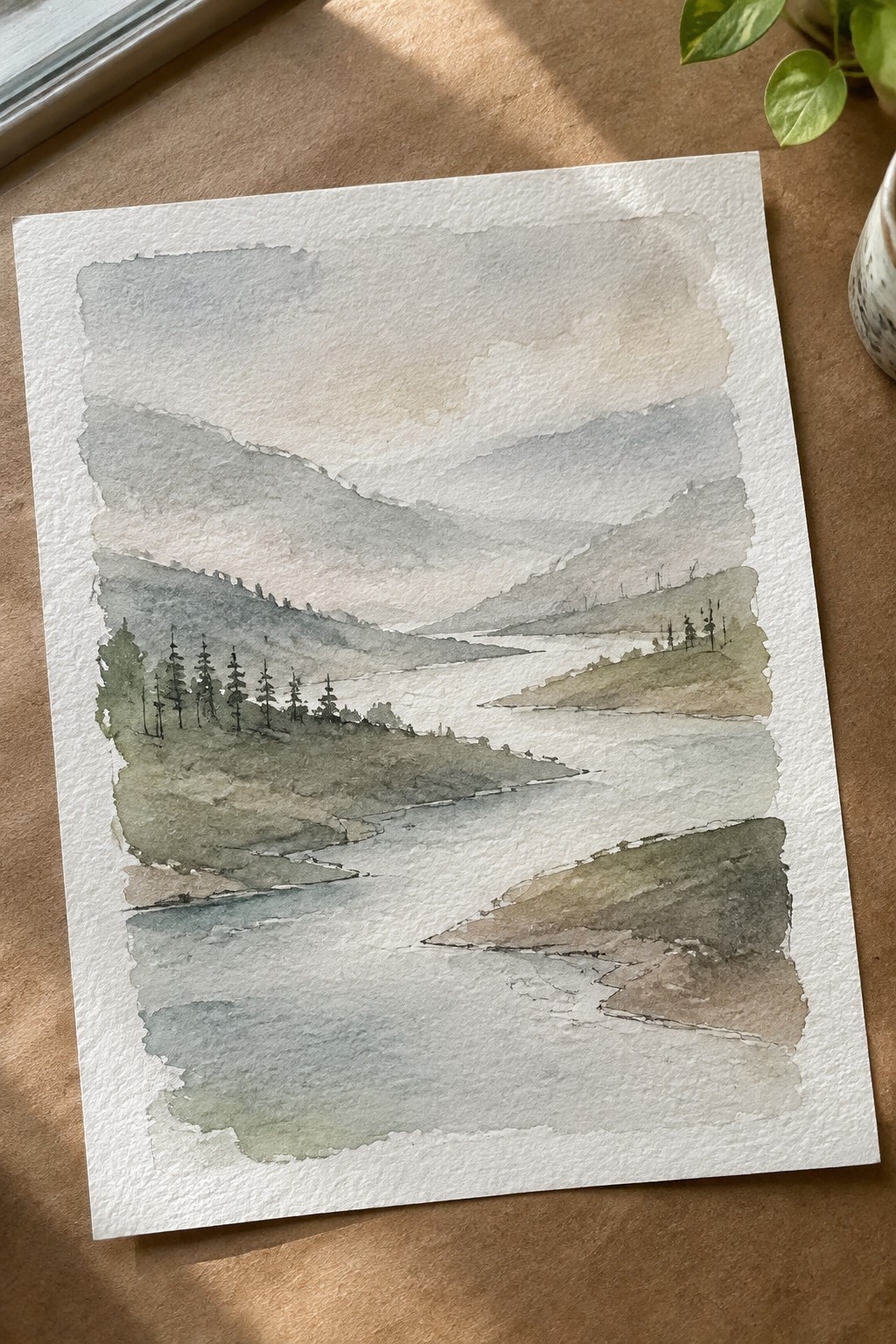 Watercolor landscape of misty mountains, winding river, and pine trees on paper