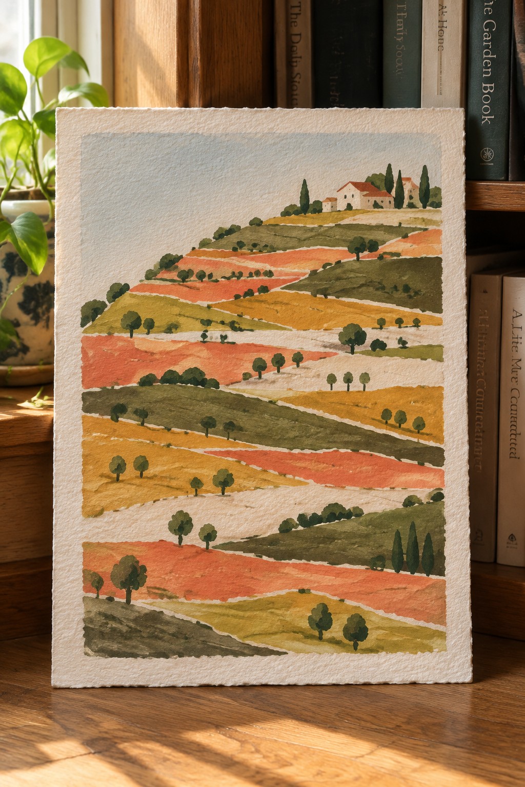 Watercolor of colorful terraced hills with trees and red-roofed farmhouse on deckled paper
