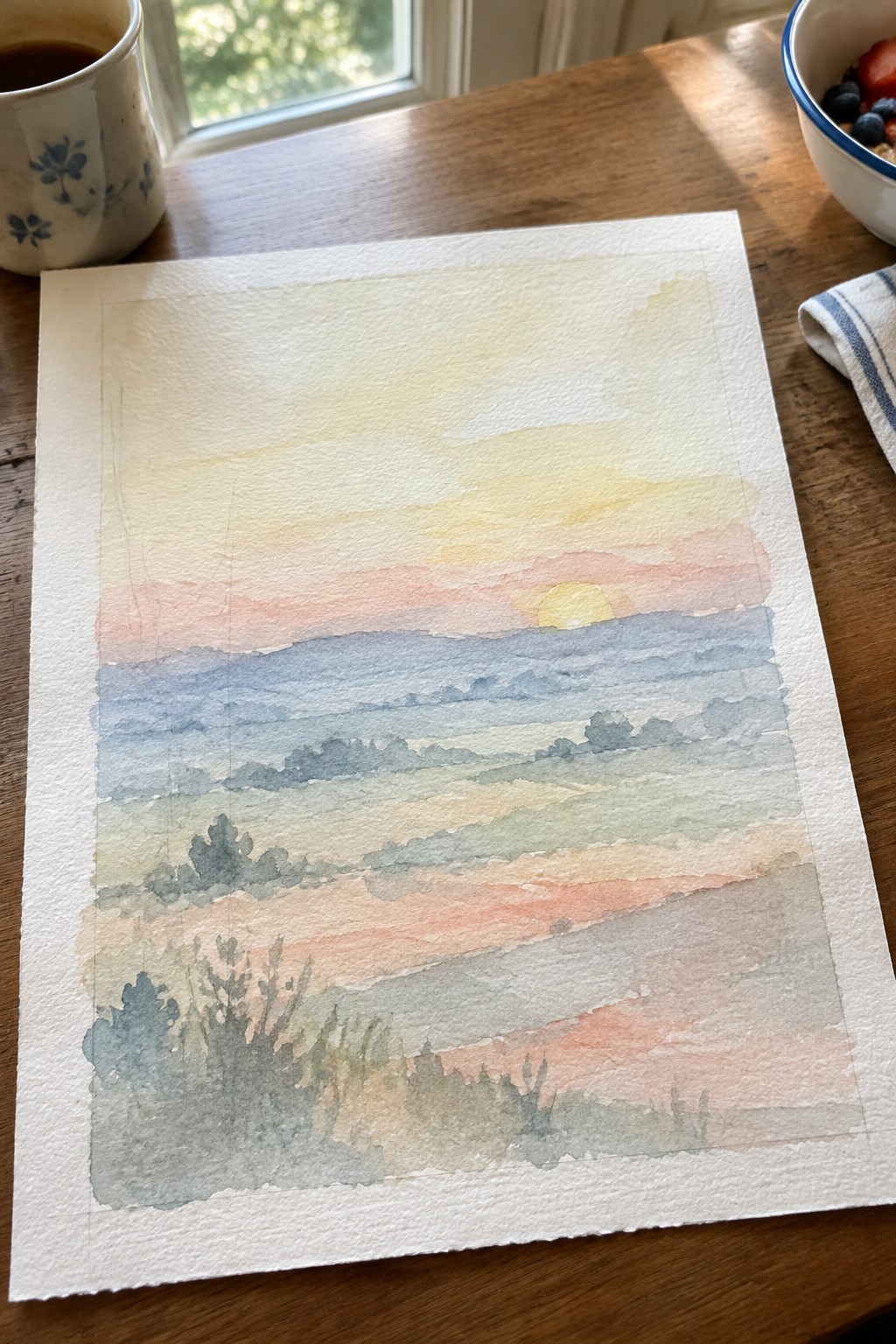 Watercolor sunset landscape on table with coffee mug, fruit bowl, and napkin.