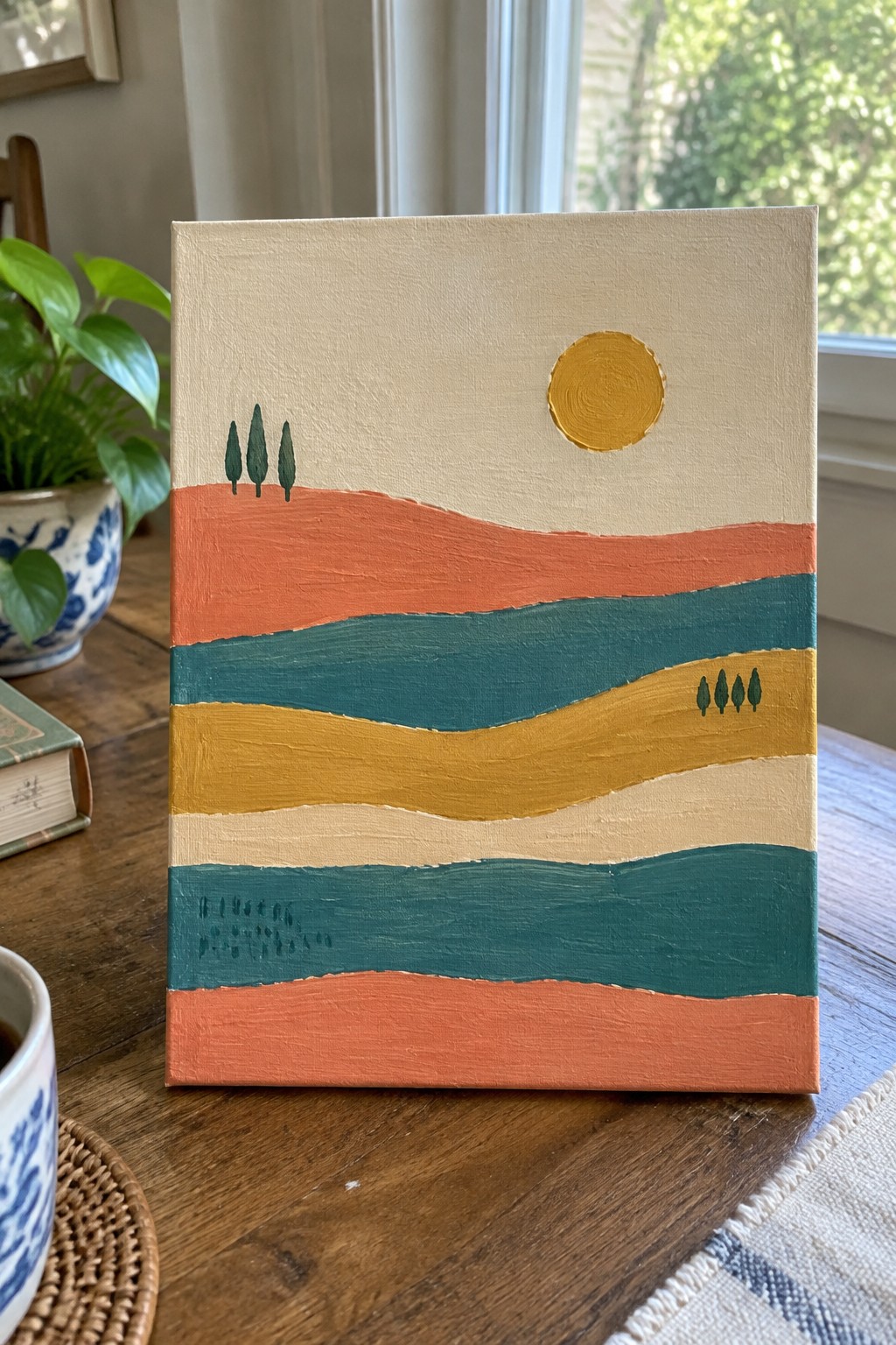 Abstract landscape painting with colorful wavy hills, yellow sun, and trees on table