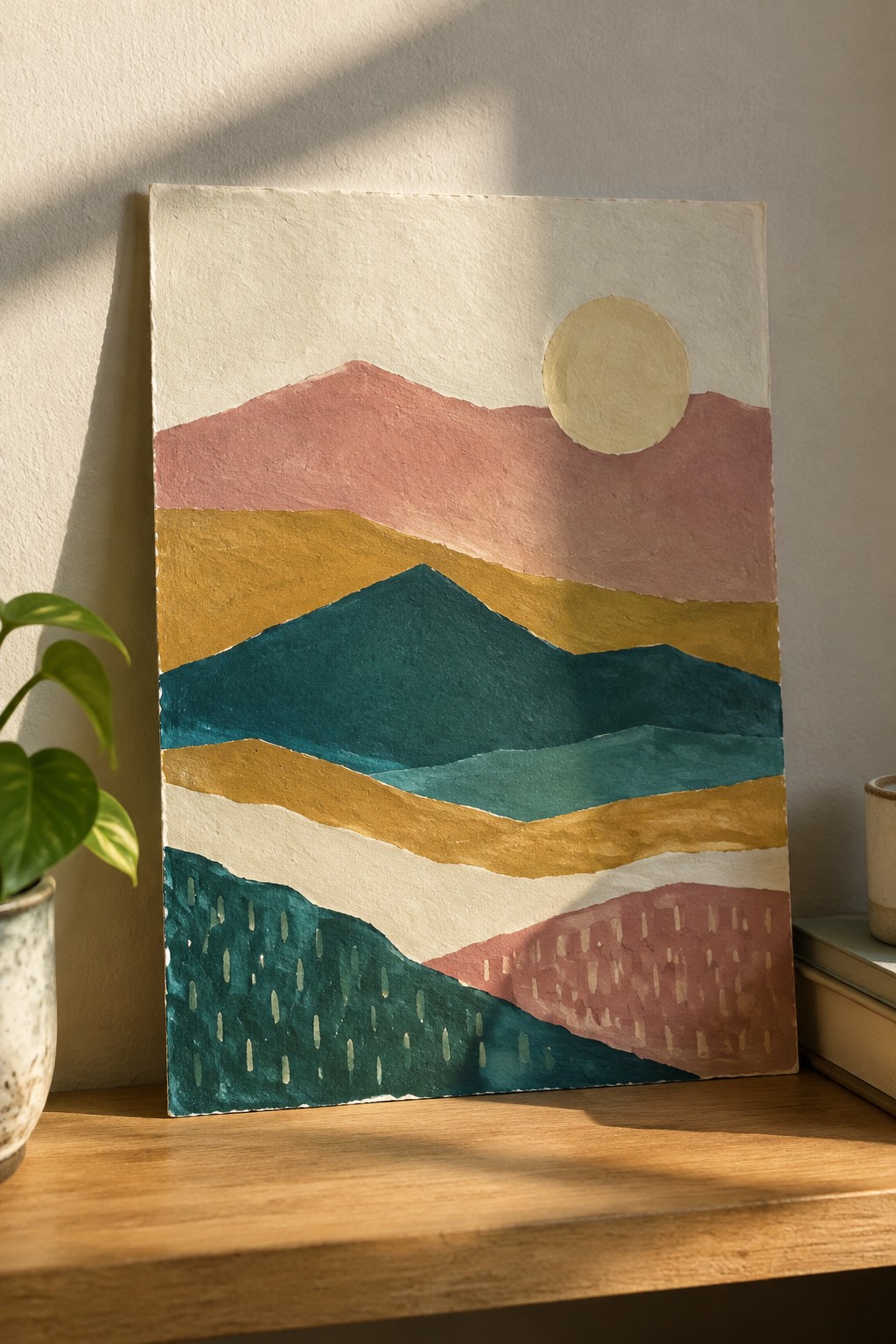Abstract landscape painting with horizontal layers of pink, gold, teal, and white forming mountains beneath a pale circle sun.