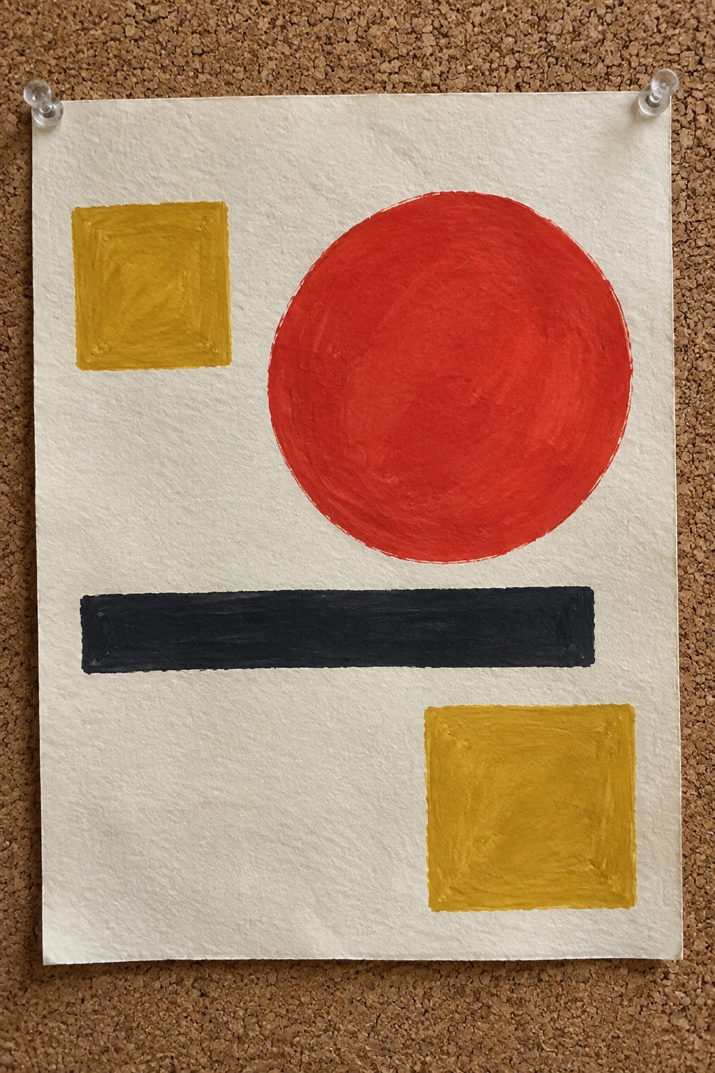 Abstract painting with red circle, black bar, and two yellow squares on white paper
