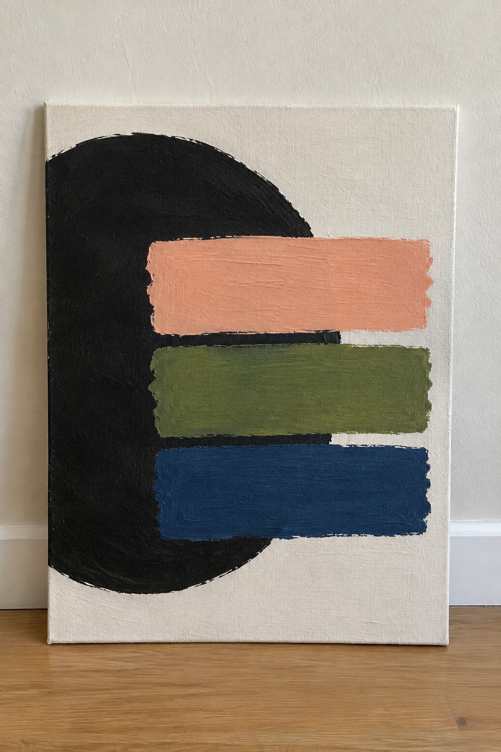 Abstract painting with black curved shape and peach, green, blue horizontal strokes on white canvas.