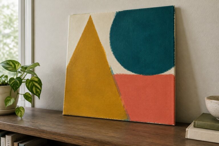 Abstract painting with yellow triangle, teal curve, and coral rectangles on beige canvas